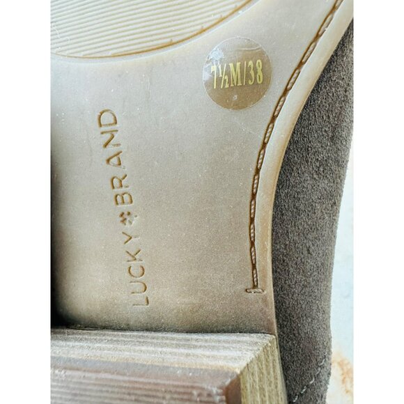 Lucky Brand 7.5M Camel Suede Western Cowgirl Glam Ankle Booties Stacked Heel - Picture 7 of 10